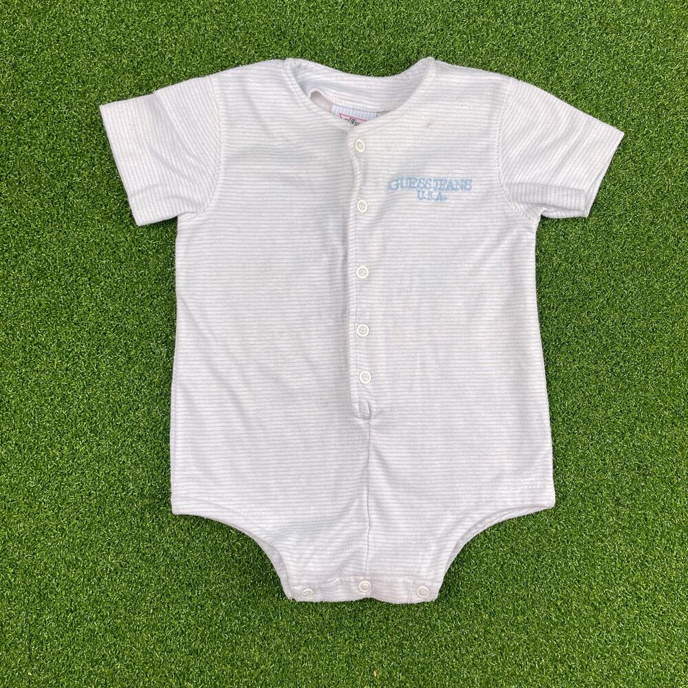 Vintage 90s Guess Baby Sleepwear Blue Striped One Piece Sz 0-3MO